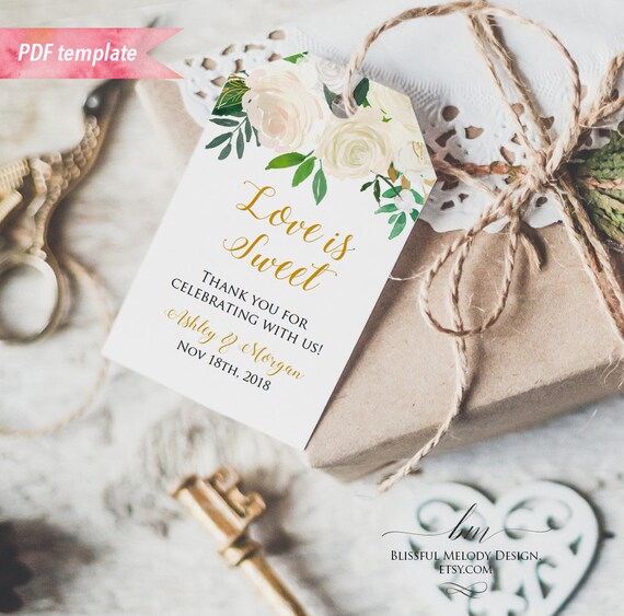 Printable Ivory Cream Floral Gold Gift Tag, 2x3" Wedding Thank You Tag, Name Tag, Favor Tag ...