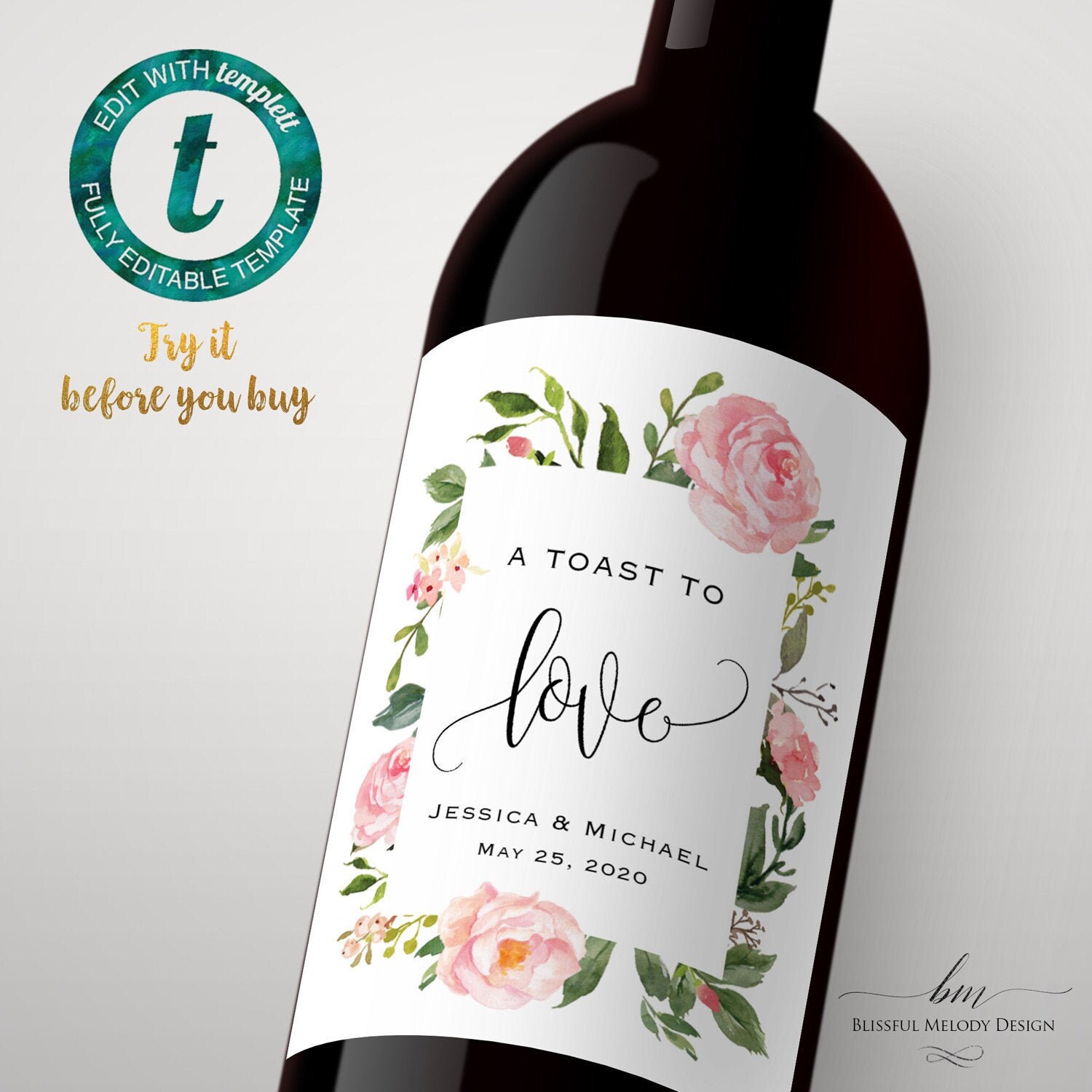 Printable Blush Pink Floral Wine Bottle Label, Flower Frame Wine Label Sticker Template, Edit at Templett, Instant Download #05