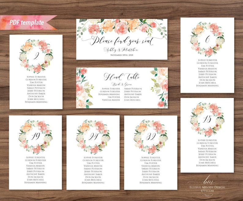 Rustic Seating Card Table Cards Editable PDF Seating Chart Template DIY Instant Download #02 Printable Peach Cream Floral Seating Plan