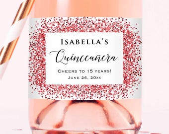 Quinceañera - 8 Custom Gold | Pink | Silver Glitter (Not real foil) Waterproof Mini Champagne Wine Bottle Labels for Spanish Birthday Party