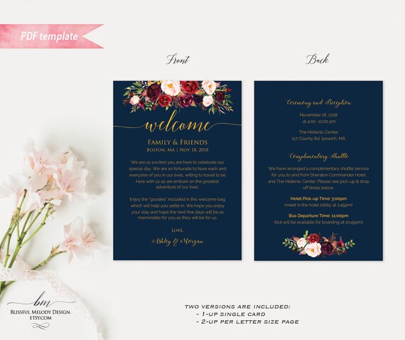 printable burgundy floral navy gold wedding welcome letter itinerary printable itinerary