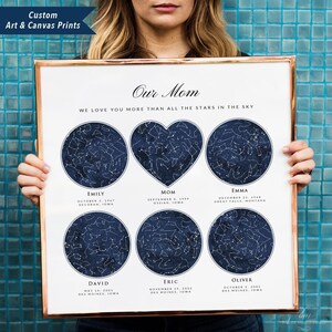 Custom 6 Star Sky Maps, Heart & Circle Zodiac Constellation Map, Gift for Mom Dad Grandparent 5 Children Family, Wall Art Canvas Prints