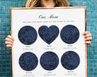 Custom 6 Star Sky Maps, Heart & Circle Zodiac Constellation Map, Gift for Mom Dad Grandparent 5 Children Family, Wall Art Canvas Prints