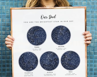 Custom 5 Sky Maps Print, Personalized Star Map, Zodiac Constellation Poster, Gift for Mom Dad Grandparent, 5 Children Family, Wrapped Canvas