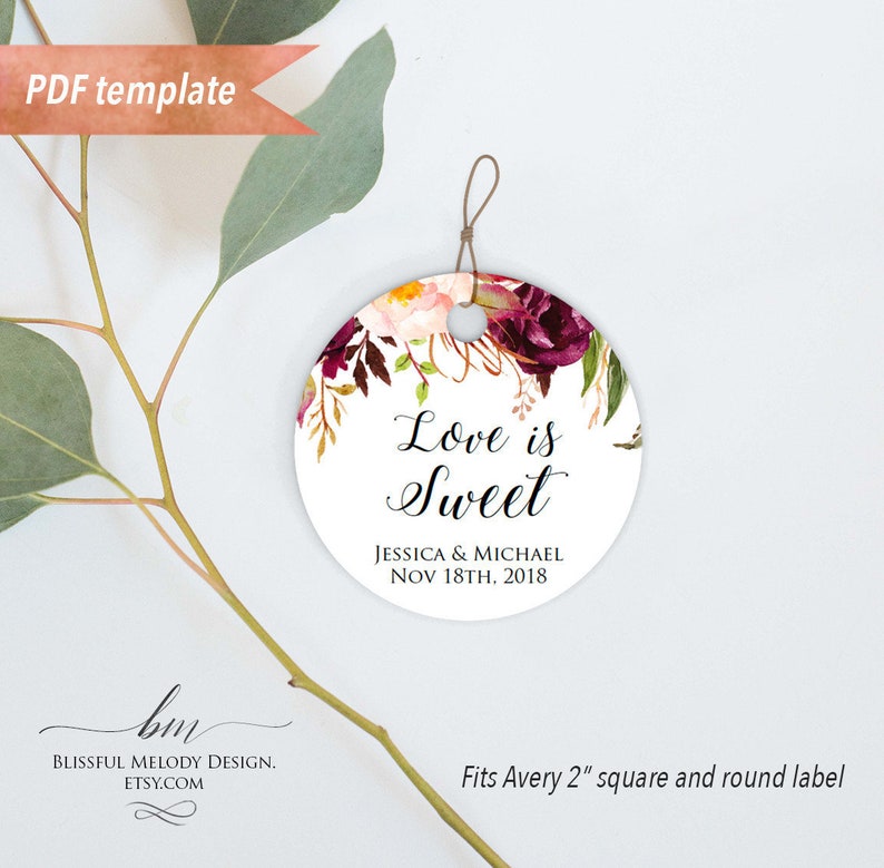 Printable Pink Burgundy Floral Wedding Favor Gift Name 2 Circle Square Label Editable Pdf Template Instant Download 01 11 31 Paper Party Supplies Invitations Announcements Efp Osteology Org
