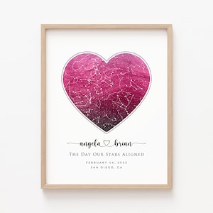 Custom Pink/Blue/Purple Watercolor Heart Star Map Print, Personalized Night Sky Constellation, Wedding Anniversary Valentine's day Gift