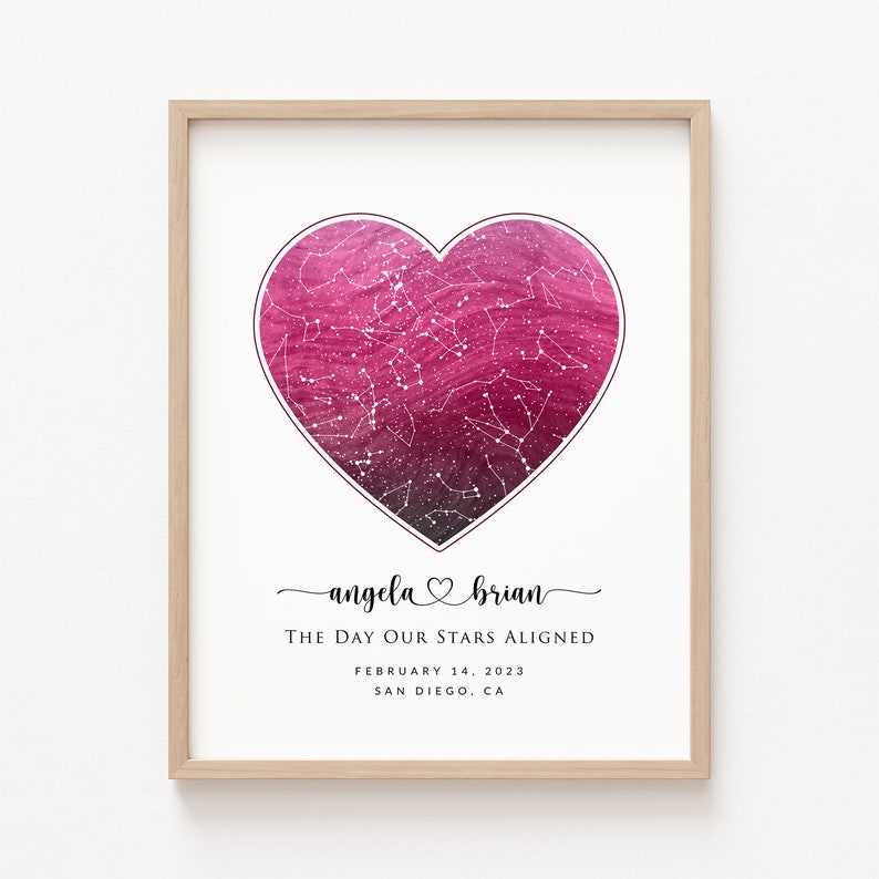 Custom Pink/Blue/Purple Watercolor Heart Star Map Print, Personalized Night Sky Constellation, Wedding Anniversary Valentine's day Gift Pink