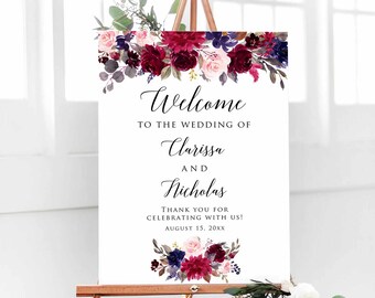 Printed Red Purple Floral Wedding Bridal Shower Welcome Sign, Custom Welcome Foam Board, Poster, Canvas
