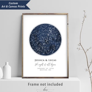 May include: A navy blue star map print with white stars and constellations. The print features the text "JESSICA & LUCAS the night it all began JANUARY 30, 2020 BOSTON, MA" and the text "Frame not included bm BLISSFUL MELODY DESIGN".