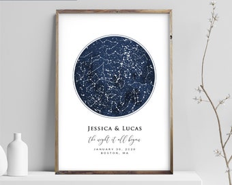 Custom Star Map Print, Navy Watercolor Night Sky Zodiac Constellation, Personalized Wedding Anniversary Birthday Newborn Gift, Canvas Prints