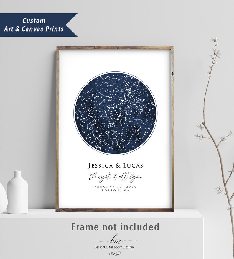 May include: A navy blue star map print with white stars and constellations. The print features the text "JESSICA & LUCAS the night it all began JANUARY 30, 2020 BOSTON, MA" and the text "Frame not included bm BLISSFUL MELODY DESIGN".