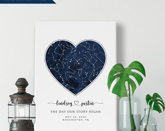 Custom Navy Heart Star Map Print, Personalized Night Sky Constellation, Wedding Anniversary Birthday Newborn Valentine's day Gift