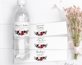 Set of 10 Printed Navy Burgundy Floral Water Bottle Waterproof Labels, Personalized Wedding Bridal Baby Shower Birthday Party Sticker