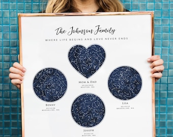 Custom 4 Star Sky Maps Print, Heart & Circle Zodiac Constellation Map, Gift for Mom Dad Grandparent 3 Children Family Wall Art Canvas Prints