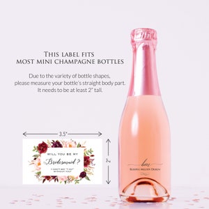 Will You Be My Bridesmaid Set of 12 Printed Waterproof MINI Champagne Bottle Labels, Burgundy Pink Floral Proposal Sticker01 image 3