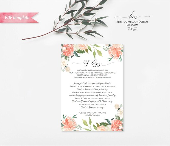 Printable Peach Cream Floral I Spy Wedding Game Card Editable 5x7
