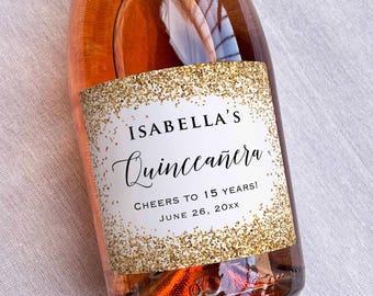 Quinceañera - Custom Gold | Pink | Silver Glitter Waterproof Champagne Mini Wine Bottle Labels for Spanish Birthday Party Celeb