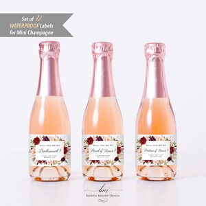 Will You Be My Bridesmaid Set of 12 Printed Waterproof MINI Champagne Bottle Labels, Burgundy Pink Floral Proposal Sticker01 image 4