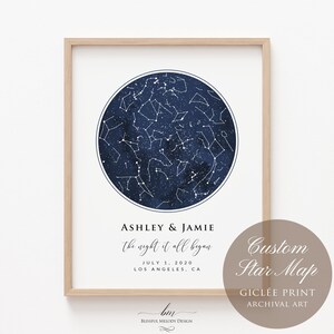 May include: A custom star map print with a navy blue background and white stars. The print features the names Ashley & Jamie and the text "the night it all began" with the date July 1, 2020 and location Los Angeles, CA. The print is labeled "Custom Star Map" and "Gicl&eacute;e Print Archival Art".