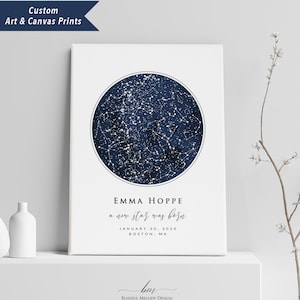 May include: A navy blue and white star map print with the text "EMMA HOPPE a new star was born JANUARY 30, 2020 BOSTON, MA" and the text "bm BLISSFUL MELODY DESIGN".