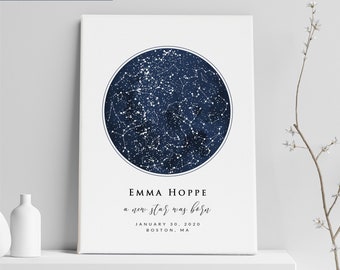 Custom Star Map Print, Navy Watercolor Night Sky Zodiac Constellation, Personalized Wedding Anniversary Birthday Newborn Gift, Canvas Prints