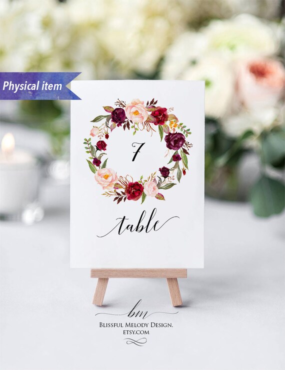 Printed Burgundy Floral Wreath Table Number Cards Physical Etsy