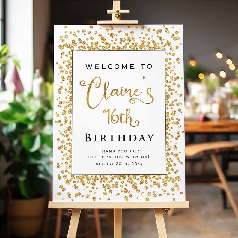 Custom Gold Glitternot real foil Birthday Welcome Sign, Personalized Birthday Party Celebration Sign, Customized Poster Board Canvas Bild 1