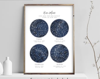 Custom 4 Star Sky Maps Print, Navy Zodiac Constellation Framed Print, Gift for Mom Dad 4 Children Family, Mother's Day Father's Day Gift