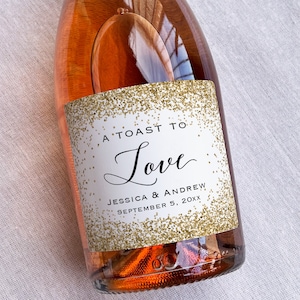 Custom Gold (not real foil) Mini / Champagne /Wine Bottle Labels, Waterproof Sticker for Wedding, Anniversary, Birthday and all Events