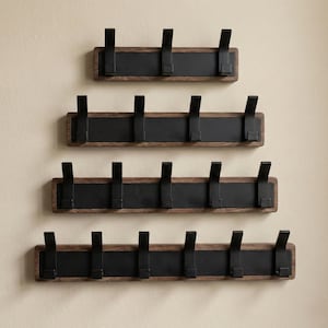 Pu&ograve; includere: Quattro attaccapanni in legno con ganci in metallo nero sono montati su una parete beige. Ogni attaccapanni ha una cornice in legno marrone scuro con un pannello centrale nero e ganci distanziati. Le dimensioni variano, con 3-6 ganci.