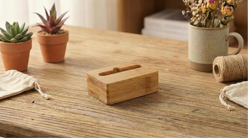 May include: A rectangular bamboo tissue box with a slot on top sits on a wooden table. Two small potted succulents and a mug with dried flowers are also on the table. A roll of twine and a small drawstring bag are also visible.