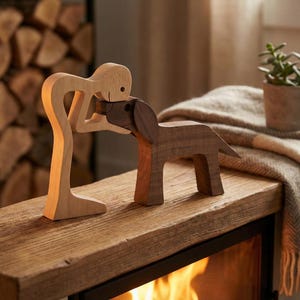 May include: Wooden figurines of a person and a dog. The person is light-colored wood, bent over to kiss the dog. The dog is a darker wood. The figurines are on a wooden surface, with a fireplace and a plant in the background.