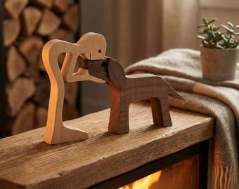 Hand Carved Wooden Figurine of Man and Dog – Minimalist Wood Sculpture – Handmade Natural Home Decor – Emotional Dog Lover Gift