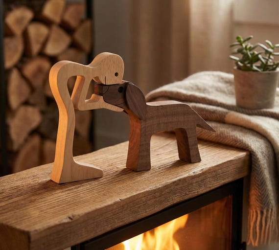 Hand Carved Wooden Figurine of Man and Dog – Minimalist Wood Sculpture – Handmade Natural Home Decor – Emotional Dog Lover Gift