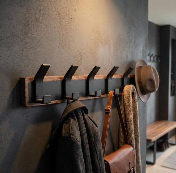 Premium Solid Wood Wall Coat Rack – Modern Entryway Hook Rack with Black Metal Hooks – Minimalist Wall Mounted Coat Hanger 3, 4, 5, 6 Hooks