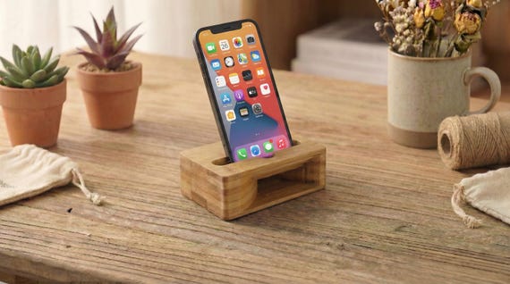 Wood Phone Stand with Natural Sound Amplifier – Passive Speaker Phone Holder, Minimalist Desk Accessory