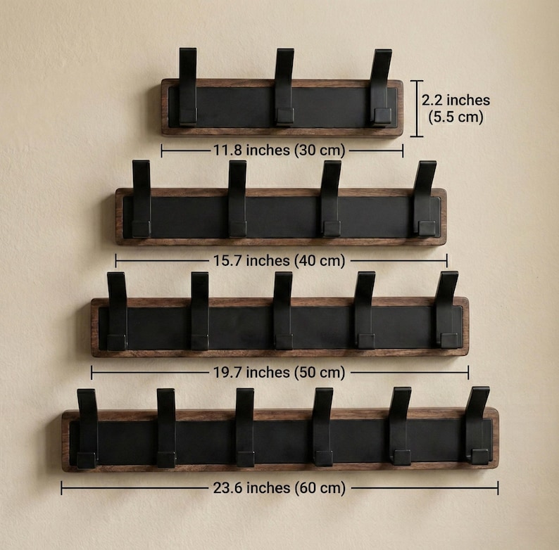 Appendiabiti da parete in legno massello di alta qualità – Appendiabiti moderno per ingresso con ganci in metallo nero – Appendiabiti da parete minimalista con 3, 4, 5, 6 ganci immagine 11