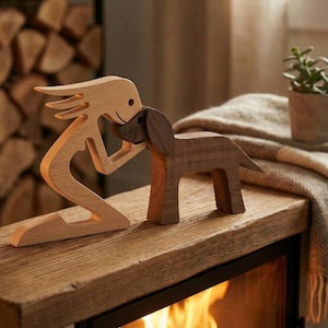 Handmade Wooden Girl & Dog Figurine – Emotional Friendship Sculpture – Montessori Wooden Toy – Minimalist Home Decor – Gift for Dog Lovers