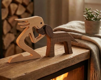 Handmade Wooden Girl & Dog Figurine – Emotional Friendship Sculpture – Montessori Wooden Toy – Minimalist Home Decor – Gift for Dog Lovers