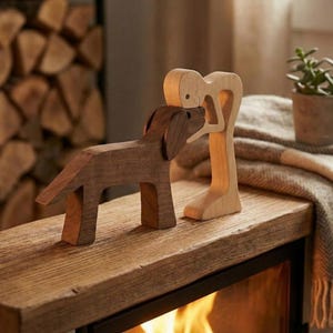 May include: Wooden dog and person figurines. The dog is dark brown, and the person is light-colored. The figures are on a wooden surface with a fireplace in the background. A small potted plant is also visible.