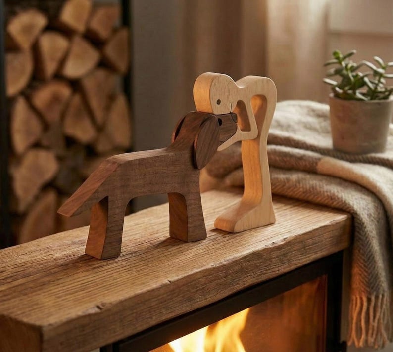 May include: Wooden dog and person figurines. The dog is dark brown, and the person is light-colored. The figures are on a wooden surface with a fireplace in the background. A small potted plant is also visible.