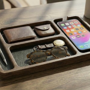 Solid Wood Desk Organizer with Vegan Leather – Minimalist Valet Tray