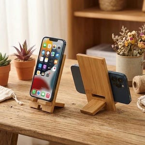 Wooden Phone Stand Adjustable – Detachable Desk Smartphone Holder – Natural Wood Phone Stand with Charging Cable Slot