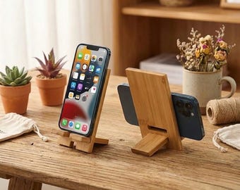 Wooden Phone Stand Adjustable – Detachable Desk Smartphone Holder – Natural Wood Phone Stand with Charging Cable Slot