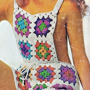 70's Crochet Pattern For Beginners Shortalls Bib Overalls with Granny Squares PDF Instant Download