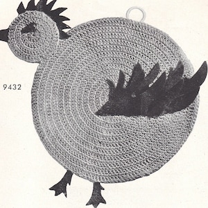 May include: Crochet pattern instructions for a black and yellow chicken ornament. The pattern is numbered 9432. The instructions include materials, body, and head.