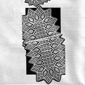 May include: A white crocheted doily with a scalloped edge and a starburst design. The doily is shown on a black background.