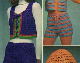 Vintage PDF Sofort Download Häkelanleitung für Misses Shorts Weste und Hut Set Miss Size 10 - 14