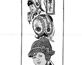 May include: Crocheted hat and mitten sets for girls and boys. The image shows two children wearing the hats and mittens. The girl's hat and mittens have a floral design, while the boy's hat and mittens are plain. Design 7386.