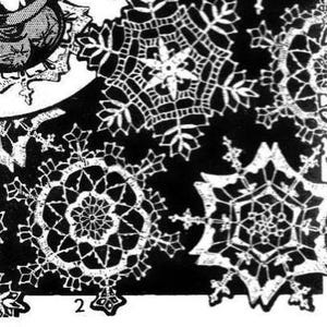 May include: A collection of white crocheted snowflake patterns displayed against a solid black background. The intricate lace designs feature geometric shapes, star-like centers, and pointed edges, labeled with the numbers 2 and 3 in black.